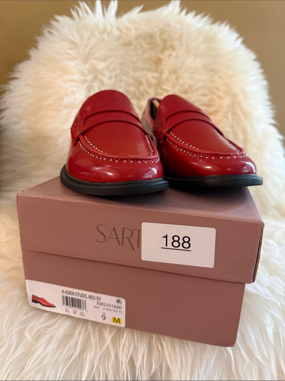 Studs Red Leather Slip-On Loafers Italy
